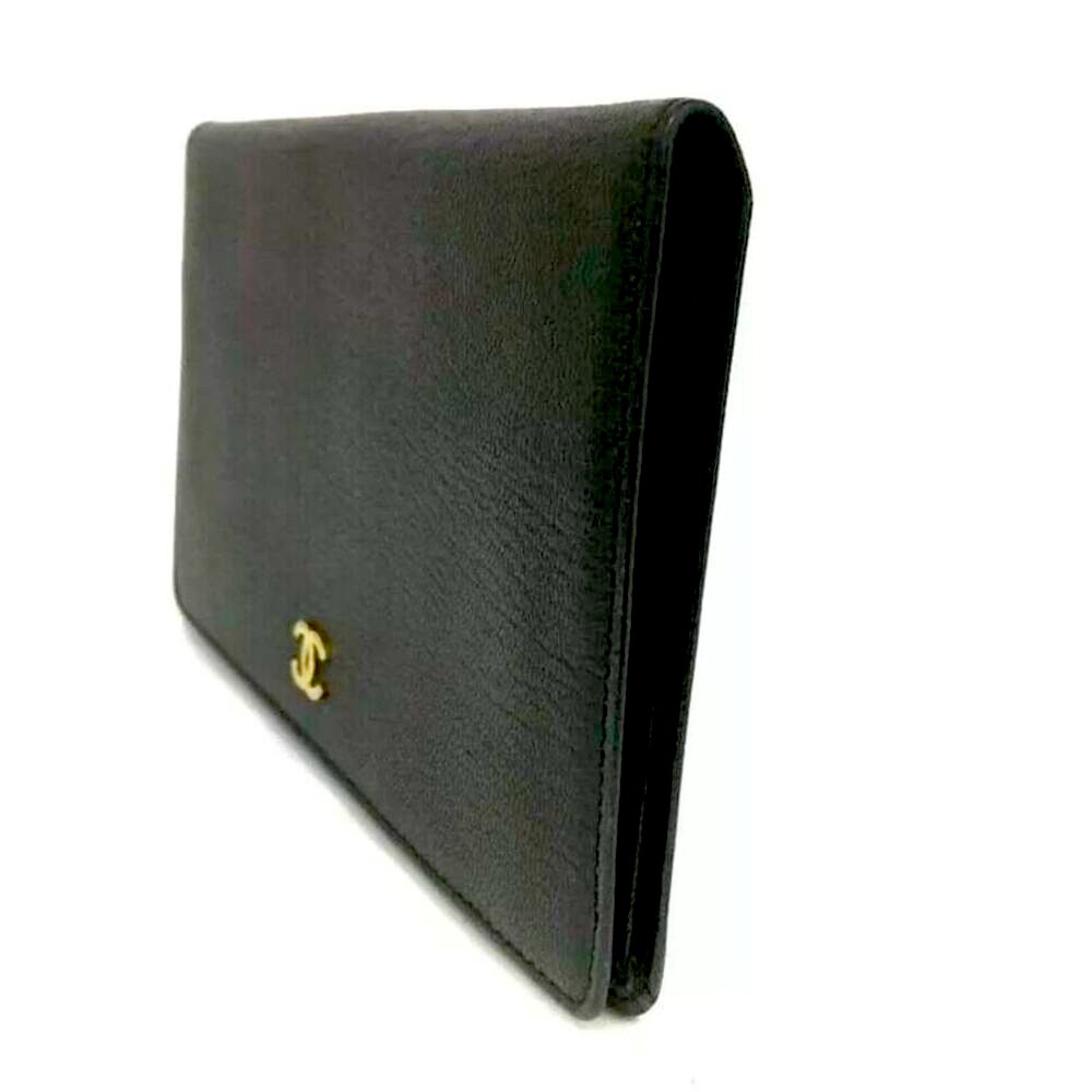 ❌SOLD❌Authentic CHANEL CC Logo Black Leather X Gold Long Wallet W/ Serial Card - Picture 2 of 8